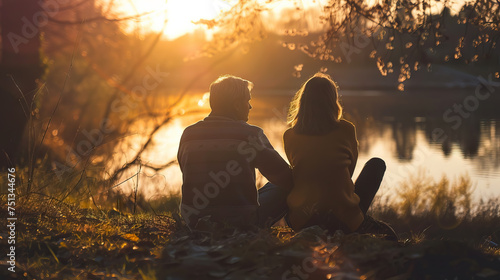 back view middle aged dad and teenage daughter sitting on the shore of a forest lake at sunset. Autumn landscape, calmness - AI Generated