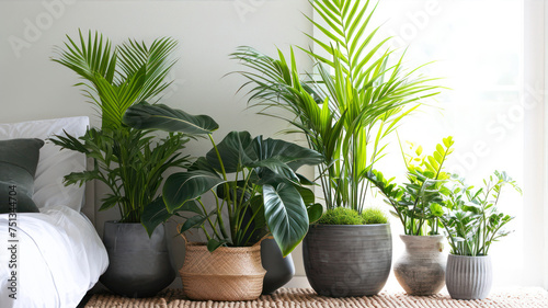 Beautiful houseplants in pots on carpet near window at home