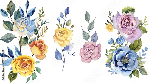 Watercolor floral illustration bouquet set - collection green blush blue yellow pink frame, border, wreath, frame; wedding stationary, greetings, wallpaper, fashion, posters, background. Generative Ai