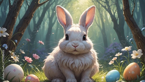 cartoon bunny sits in the forest among Easter eggs. Concept: Spring Festival, religious traditional celebration