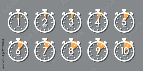 set of timer symbols, 1 to 10 minutes stopwatch symbol, white and orange design elements on grey background, vector icon set