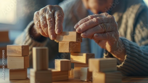 Senior's Playful Strategy, Elderly hands tactfully arranging wooden blocks, symbolizing strategy and mental agility amidst the tranquility of a sunlit room