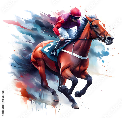 Racing horse. Jockey on horse. Hippodrome. Racetrack. Equestrian. Derby. Horse sport. Watercolor painting illustration isolated on white background