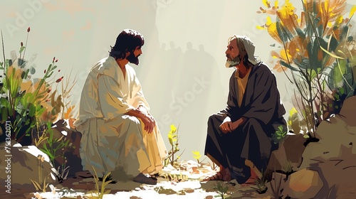 Jesus healing a blind man by giving him sight. AI generate illustration