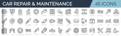 Set of 45 outline icons related to vehicle repair and maintenance. Linear icon collection. Editable stroke. Vector illustration
