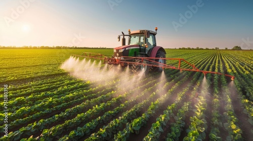Spraying pesticides on soybean field at sunrise. Agricultural machinery in crop field. Modern farming technique in soy cultivation.