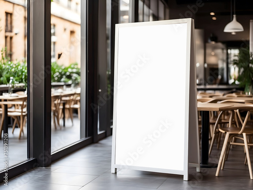White paper poster mockup displayed outside the building restaurant design. Marketing and business concept design