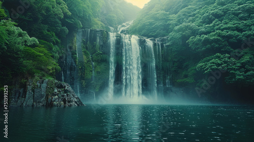 Majestic waterfall cascading into a tranquil lake surrounded by lush greenery in a serene natural landscape.