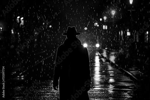 silhouette of dangerous male murderer rapist in hat and coat at night on street in dark in rain