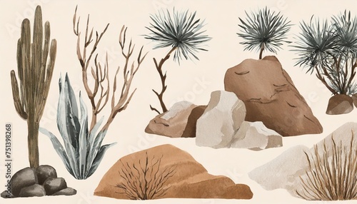 desert collection dry plants and rocks set isolated on background