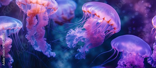 A group of majestic mauve stinger and mesmerizing purple jellyfish gracefully swim in the aquarium, showcasing their elegant movements as they interact with pelagi and noctiluca.