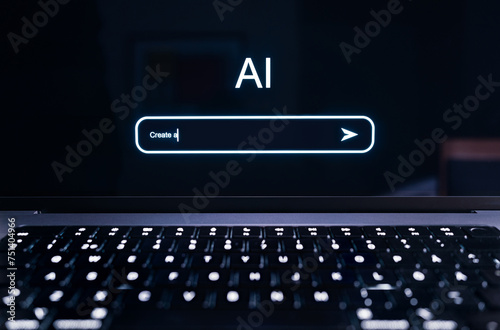 AI prompt in chat screen. Artificial intelligence in generative chatbot. Command to generate text or image with new tech. Digital robot technology in computer. Machine learning and virtual assistant.