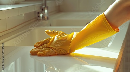 a hand clad in bright yellow latex gloves, busy in the kitchen performing household tasks amidst the white details of the space, epitomizing the dedication and attention to detail in home management.