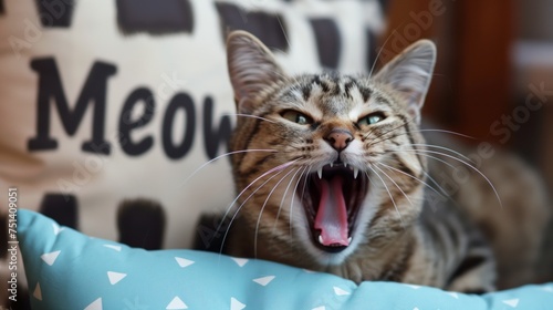 Fauchende Katze zwischen Kopfkissen. Katze verteidigt ihre Kissen auf dem Sofa mit offenem Maul und zeigt die Zähne. 