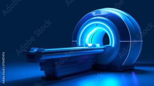 An image showing a modern MRI machine with blue lighting, typically found in a hospital's radiology department. Ai generative