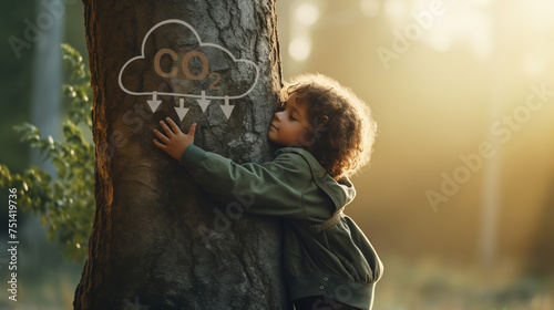 Tree Hugging, Love Nature, Child Hug The Trunk. Cheerful boy hugging tree to save environment. Authentic shot of a happy little girl is hugging a tree trunk and smiling. Concept of love for nature.