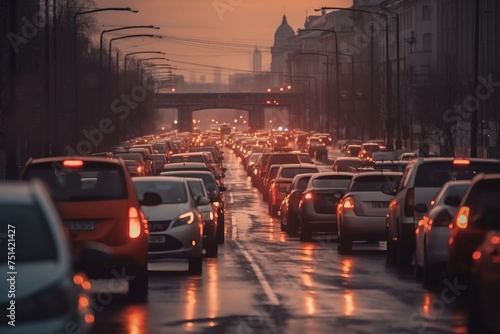 Cars in big traffic jam on a European Road at the evening