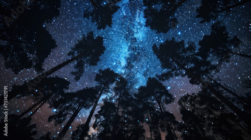 Starry Night Sky Above Silhouetted Pine Trees