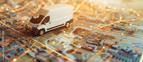 van transporting cargo model on urban city map. service delivery concept background