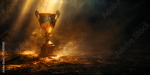 First place gold trophy cup in the dark room with spotlights background 