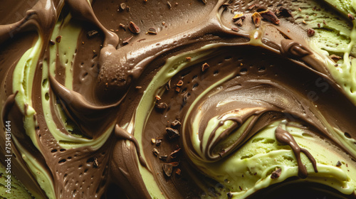 Chocolate and pistachio background, ice cream texture.
