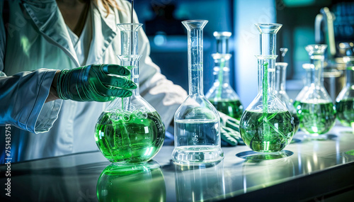 A gloved scientist carefully a green liquid in a large glass flask while working in a modern laboratory setting