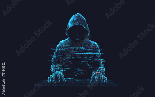 Abstract digital hacker. Cyber security concept. A man wearing a hoodie with a hidden face in front of a computer. Cyber attack and data hack. Fraud man. 3D Vector polygonal wireframe illustration.