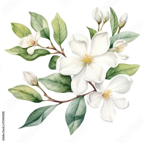 watercolor jasmine flowers illustration on a white background.