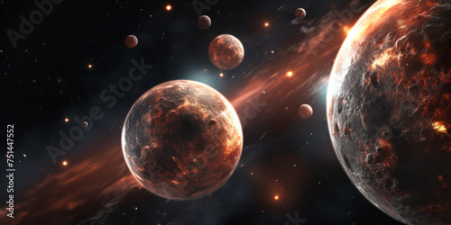 Planetary collision in outer space scene with fiery debris and multiple moons.