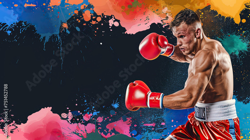 Boxing sport man boxer colorful splash horizontal banner on black background illustration with copy space.