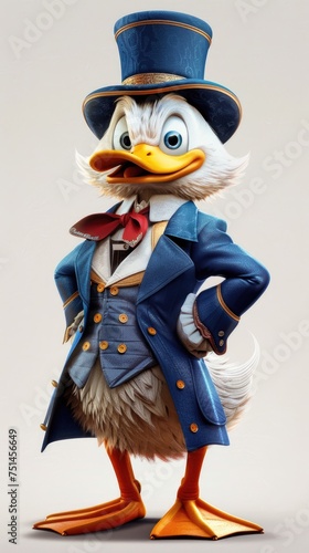 Scrooge McDuck - cartoon character, in a blue suit, top hat, smile --ar 9:16 --style raw --stylize 250