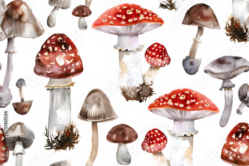 Seamless pattern with watercolor fly agaric mushrooms