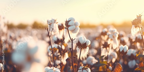 Cotton farm during harvest season. Field of cotton plants with white bolls. Sustainable and eco-friendly practice on a cotton farm. Organic farming. Raw material for textil