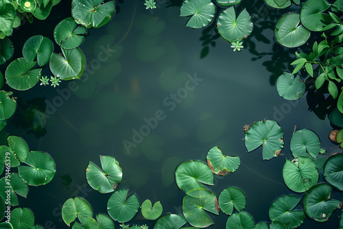 Top view of lily pads on a tranquil water surface, suitable for nature themes.