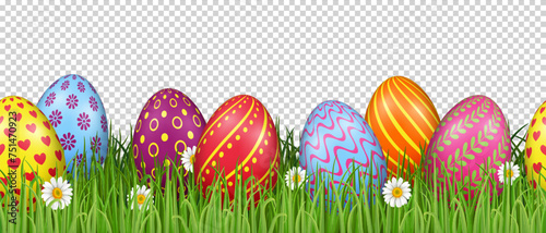 Happy Easter seamless border with realistic colorful easter eggs, green grass and chamomile on transparent background. Template Easter banner.