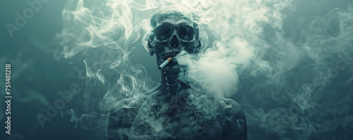 Abstract background with skeleton of smoker with cigarette. Concept of bad habits and healthy lifestyle.