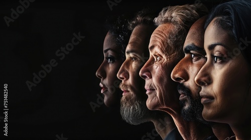 Human face made from portrait of different people of diverse age, gender and race over black background. Concept of social equality, human rights, freedom, diversity, acceptance