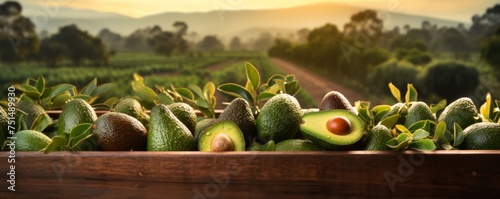 Fresh ripe bio avocados from farm in wooden box, food bannner. Generative Ai.
