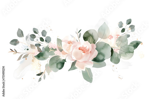 Watercolor floral bouquet with eucalyptus and pink gold elements isolated on white background 
