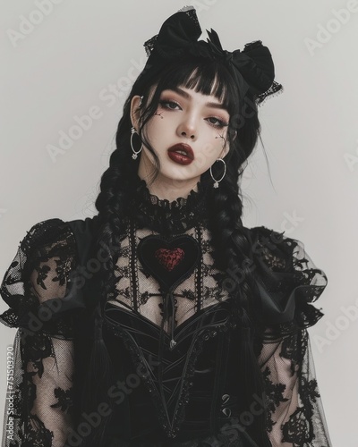 A gothic woman in black with dramatic makeup and a dark romantic fashion style