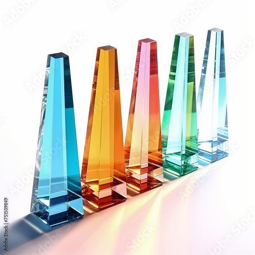 Crystal prisms casting colorful spectra and sharp shadows on white Spectrum of Light in Crystal Obelisks. A row of crystal obelisks refracts light, creating a stunning spectrum of colors on a bright