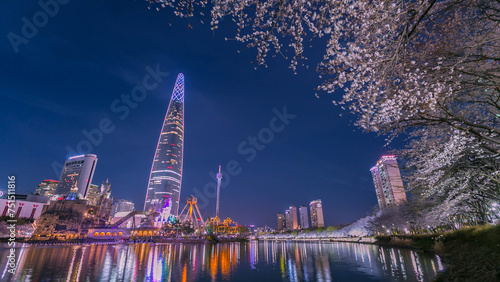 south korea in spring at night and skyscrapers seoul south korea