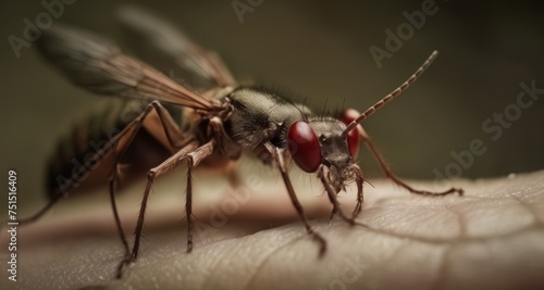  Close-up of a bee with striking red eyes, poised on a human hand