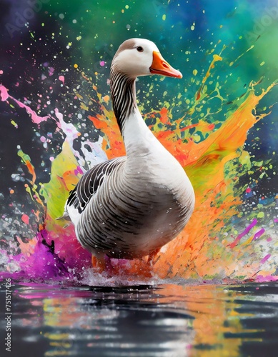 black goose walking through colorful water splashes