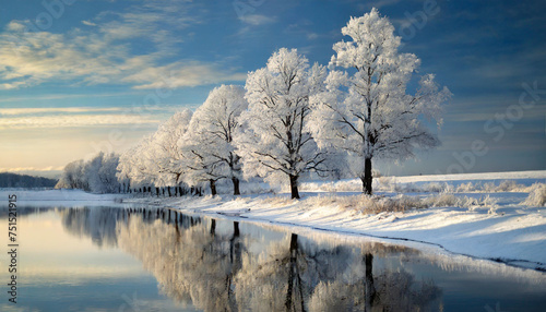 Snow-draped trees mirrored in water, evoking serenity and nostalgia