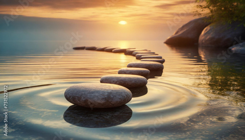 Tranquil sunset over Zen path with smooth stones above water, symbolizing peace and the promise of a bright future