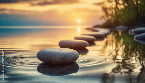 Tranquil sunset over Zen path with smooth stones above water, symbolizing peace and the promise of a bright future