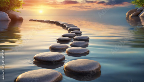 Tranquil sunset over Zen path with smooth stones above water, symbolizing peace and the promise of a bright future