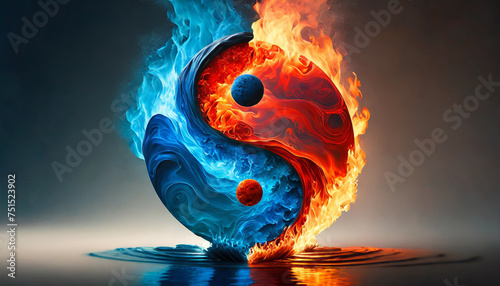 Yin yang symbol with red fire and blue water elements on clean background, representing balance and harmony. Stock photo for concepts of contrast and equilibrium