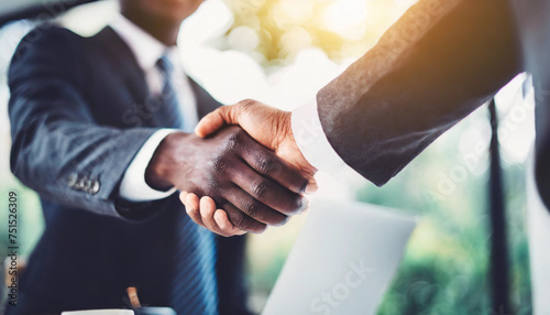 Blurry background with businessmen's handshake, symbolizing trust and collaboration in a business partnership meeting